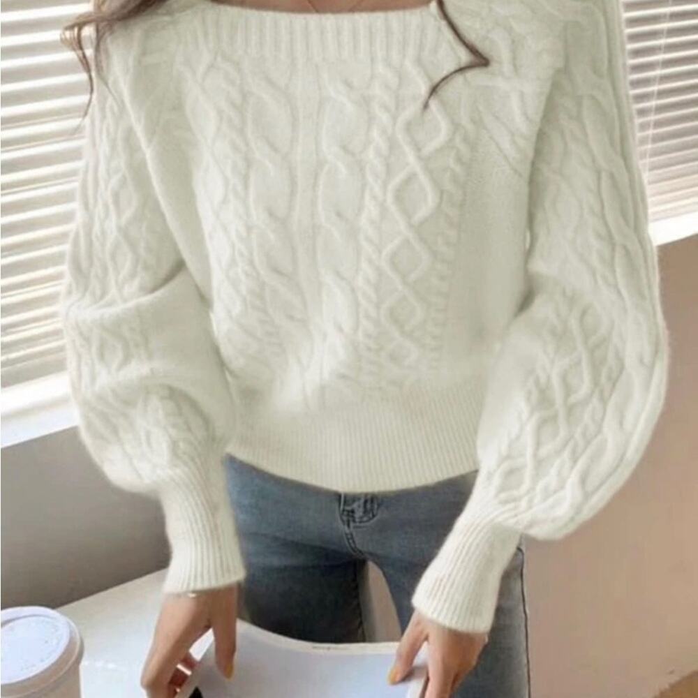 Shein Cable Knit Sweater Cropped Balloon Sleeves Ivory